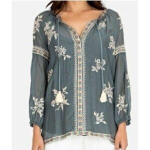 Johnny Was Workshop Sophia Top Embroidered Peasant Blouse Silk Blend Sz Medium